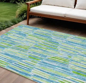 9' X 12' Aqua Teal Blue And Lime Green Abstract Washable Indoor Outdoor Area Rug