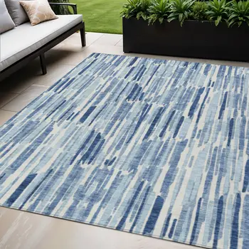 5' X 8' Navy Blue And Sky Blue Abstract Washable Indoor Outdoor Area Rug