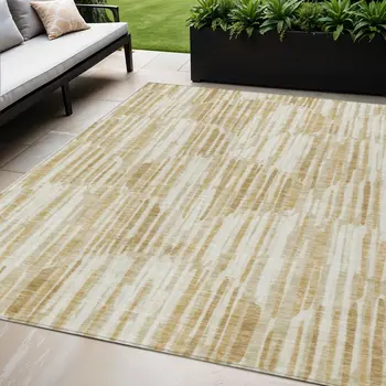 5' X 8' Gold Beige And Ivory Abstract Washable Indoor Outdoor Area Rug
