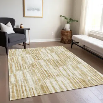 8' X 10' Gold Beige And Ivory Abstract Washable Indoor Outdoor Area Rug