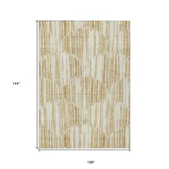 9' X 12' Gold Beige And Ivory Abstract Washable Indoor Outdoor Area Rug