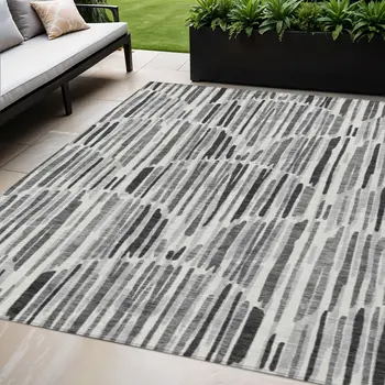 5' X 8' Gray Ivory And Charcoal Abstract Washable Indoor Outdoor Area Rug