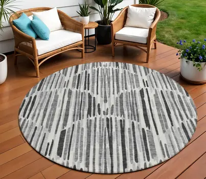8' Gray Ivory And Charcoal Round Abstract Washable Indoor Outdoor Area Rug