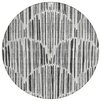 8' Gray Ivory And Charcoal Round Abstract Washable Indoor Outdoor Area Rug