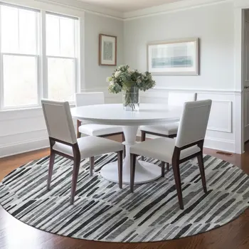8' Gray Ivory And Charcoal Round Abstract Washable Indoor Outdoor Area Rug