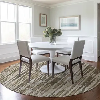 8' Brown And Taupe Round Abstract Washable Indoor Outdoor Area Rug