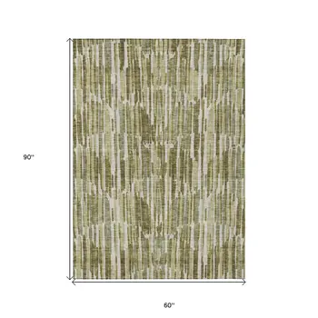 5' X 8' Olive Green Brown And Beige Abstract Washable Indoor Outdoor Area Rug