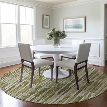 8' Olive Green Brown And Beige Round Abstract Washable Indoor Outdoor Area Rug
