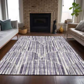 9' X 12' Purple Ivory And Lavender Abstract Washable Indoor Outdoor Area Rug