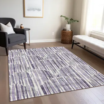 9' X 12' Purple Ivory And Lavender Abstract Washable Indoor Outdoor Area Rug