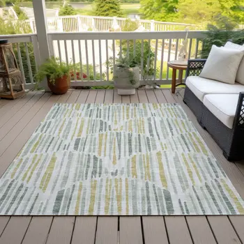3' X 5' Sage Artichoke Green And Gold Abstract Washable Indoor Outdoor Area Rug