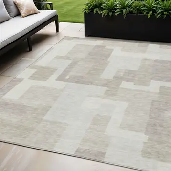 3' X 5' Beige Tan And Taupe Abstract Washable Indoor Outdoor Area Rug