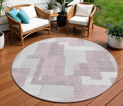 8' Blush Gray And Ivory Round Abstract Washable Indoor Outdoor Area Rug