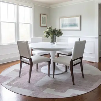 8' Blush Gray And Ivory Round Abstract Washable Indoor Outdoor Area Rug