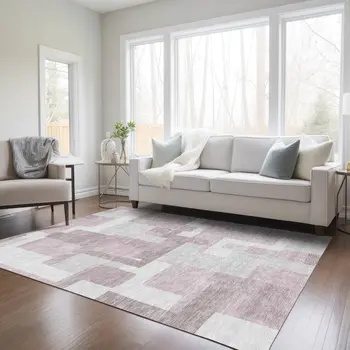 8' X 10' Blush Gray And Ivory Abstract Washable Indoor Outdoor Area Rug