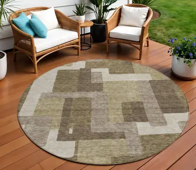 8' Brown And Beige Round Abstract Washable Indoor Outdoor Area Rug