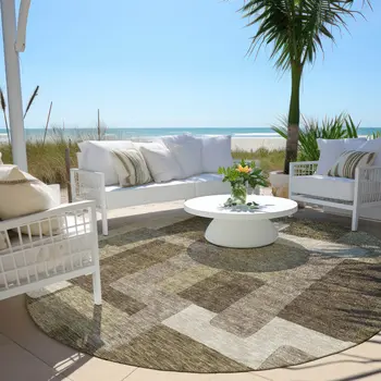 8' Brown And Beige Round Abstract Washable Indoor Outdoor Area Rug