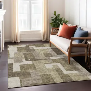 9' X 12' Brown And Beige Abstract Washable Indoor Outdoor Area Rug