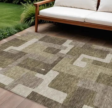 10' X 14' Brown And Beige Abstract Washable Indoor Outdoor Area Rug
