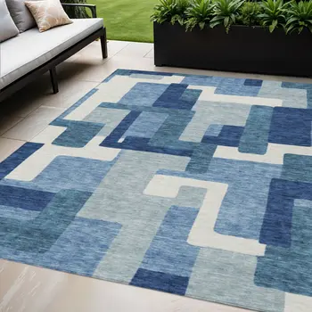 5' X 8' Navy Blue And Sky Blue Abstract Washable Indoor Outdoor Area Rug