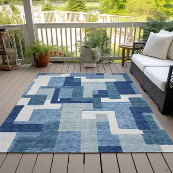 5' X 8' Navy Blue And Sky Blue Abstract Washable Indoor Outdoor Area Rug