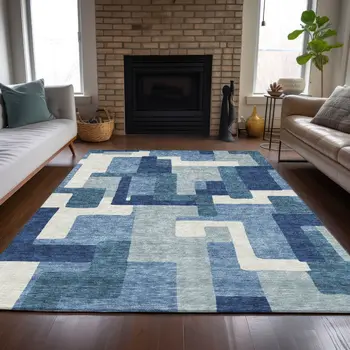 5' X 8' Navy Blue And Sky Blue Abstract Washable Indoor Outdoor Area Rug