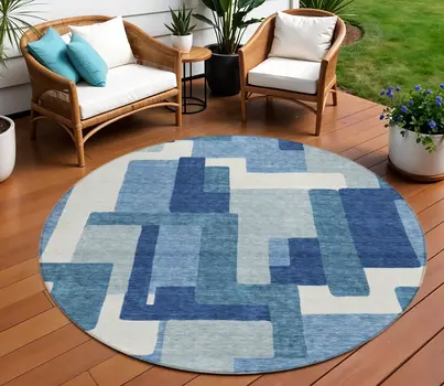 8' Navy Blue And Sky Blue Round Abstract Washable Indoor Outdoor Area Rug