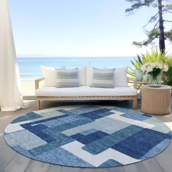 8' Navy Blue And Sky Blue Round Abstract Washable Indoor Outdoor Area Rug