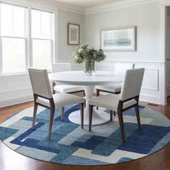 8' Navy Blue And Sky Blue Round Abstract Washable Indoor Outdoor Area Rug