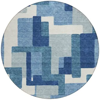 8' Navy Blue And Sky Blue Round Abstract Washable Indoor Outdoor Area Rug