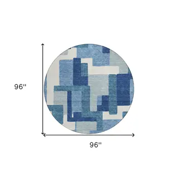 8' Navy Blue And Sky Blue Round Abstract Washable Indoor Outdoor Area Rug