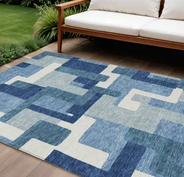 10' X 14' Navy Blue And Sky Blue Abstract Washable Indoor Outdoor Area Rug