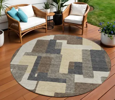 8' Brown And Taupe Round Abstract Washable Indoor Outdoor Area Rug