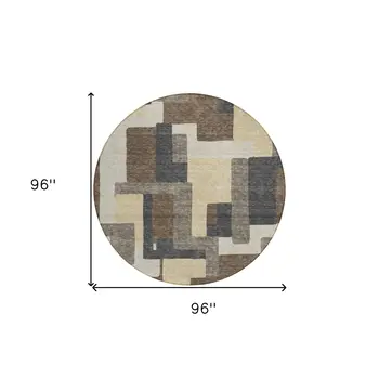 8' Brown And Taupe Round Abstract Washable Indoor Outdoor Area Rug