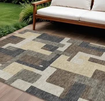 8' X 10' Brown And Taupe Abstract Washable Indoor Outdoor Area Rug