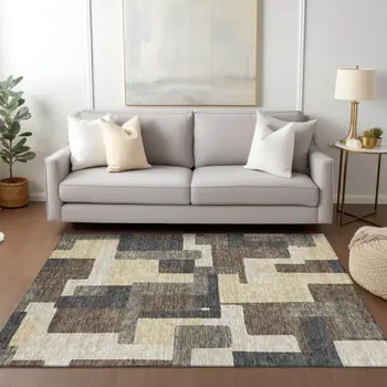 8' X 10' Brown And Taupe Abstract Washable Indoor Outdoor Area Rug