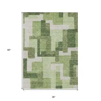 3' X 5' Artichoke Green And Ivory Abstract Washable Indoor Outdoor Area Rug