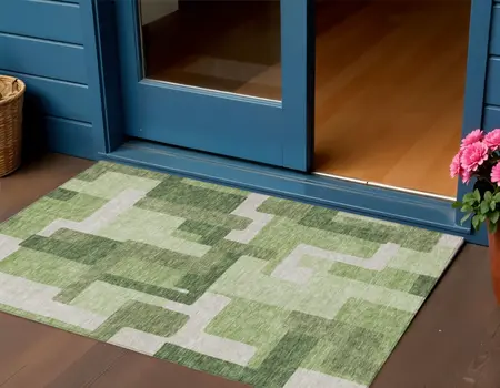3' X 5' Artichoke Green And Ivory Abstract Washable Indoor Outdoor Area Rug