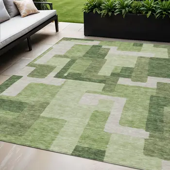 5' X 8' Artichoke Green And Ivory Abstract Washable Indoor Outdoor Area Rug