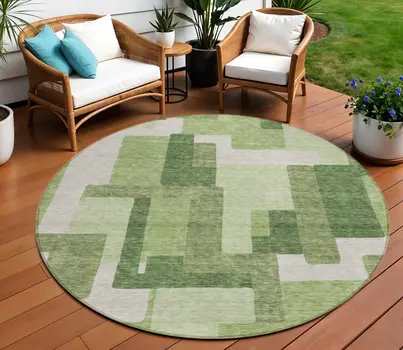 8' Artichoke Green And Ivory Round Abstract Washable Indoor Outdoor Area Rug