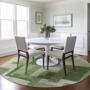 8' Artichoke Green And Ivory Round Abstract Washable Indoor Outdoor Area Rug