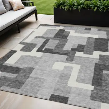 5' X 8' Gray Charcoal And Silver Abstract Washable Indoor Outdoor Area Rug