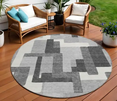 8' Gray Charcoal And Silver Round Abstract Washable Indoor Outdoor Area Rug