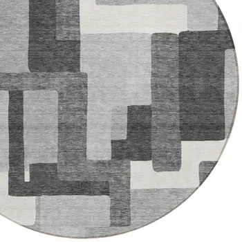 8' Gray Charcoal And Silver Round Abstract Washable Indoor Outdoor Area Rug