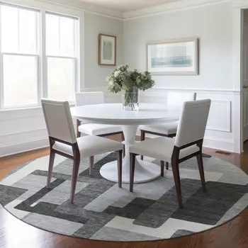 8' Gray Charcoal And Silver Round Abstract Washable Indoor Outdoor Area Rug