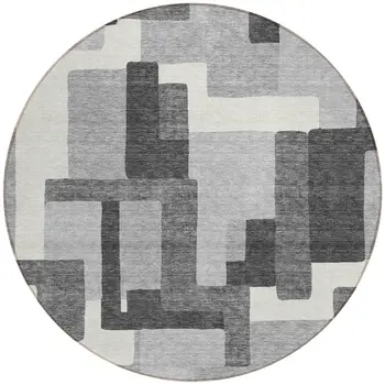 8' Gray Charcoal And Silver Round Abstract Washable Indoor Outdoor Area Rug