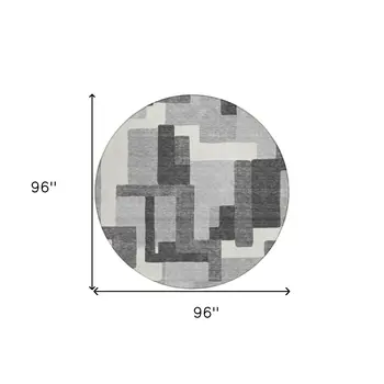 8' Gray Charcoal And Silver Round Abstract Washable Indoor Outdoor Area Rug