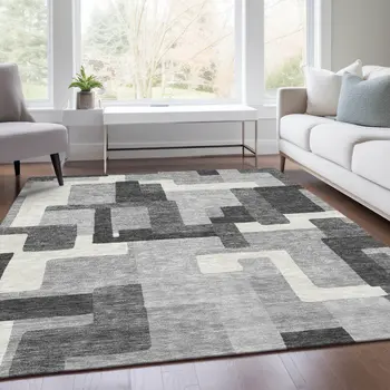 9' X 12' Gray Charcoal And Silver Abstract Washable Indoor Outdoor Area Rug