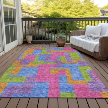 5' X 8' Purple Pink And Blue Abstract Washable Indoor Outdoor Area Rug