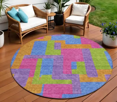 8' Purple Pink And Blue Round Abstract Washable Indoor Outdoor Area Rug